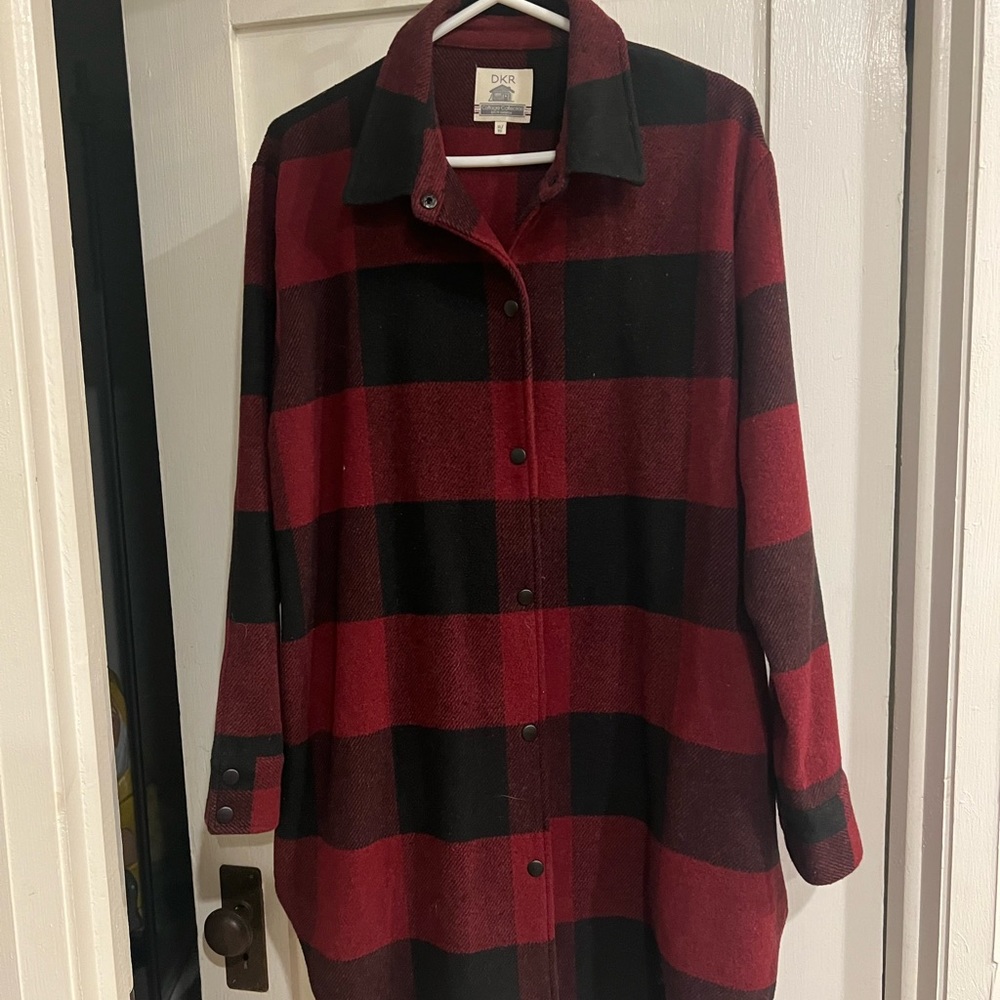 DKNY Women's Red and Black Plaid Coat